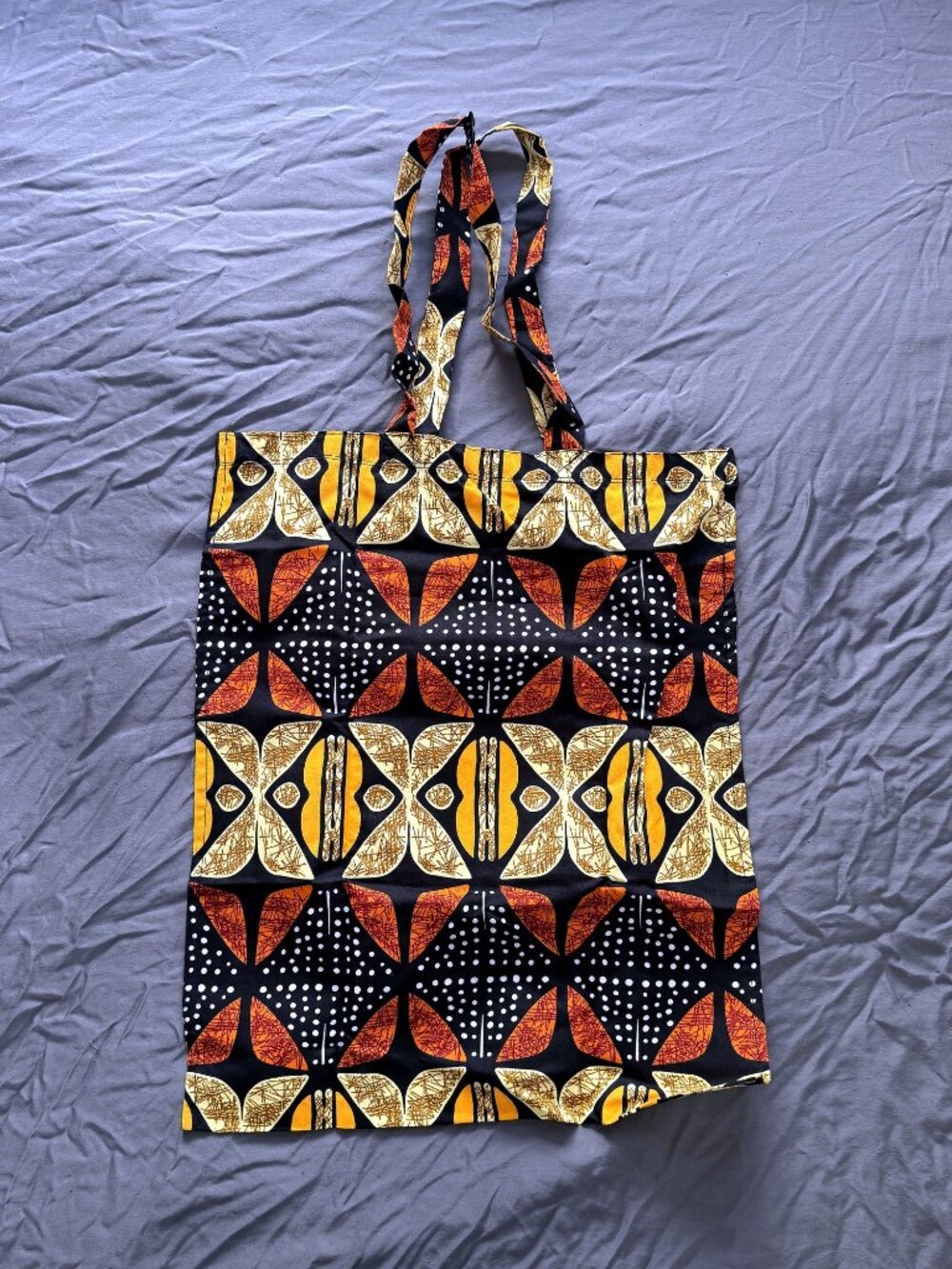 African Wax Print Foldable Tote Bag Black Orange Geometric Zip Pouch
